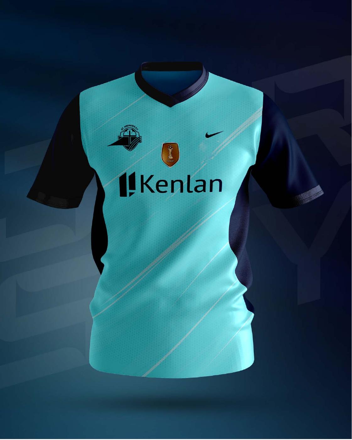 St. Andrews FC turquoise jersey design with club crest and dark sleeves